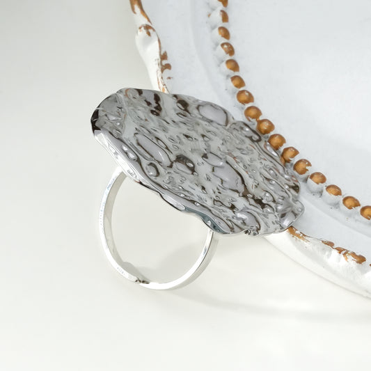 Bague Argentée Ajustable Disque Ovale Martelé