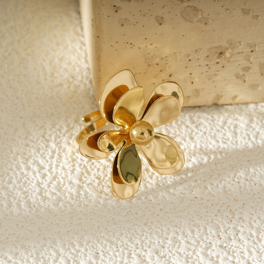 Bague Dorée Ajustable Floral Épanouie En Pétales Ondoyants