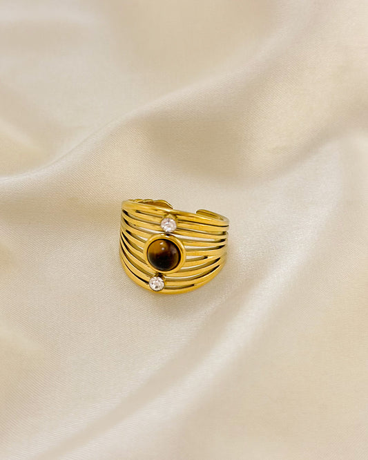 Bague Dorée Ouverte Multi Lignes Serties de Pierre Œil de Tigre Et Strass