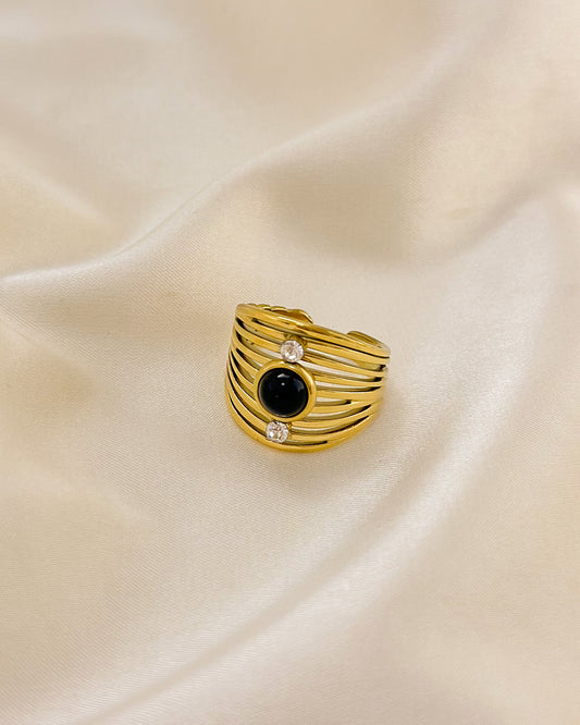 Bague Dorée Ouverte Multi Lignes Serties de Pierre Noire Et Strass