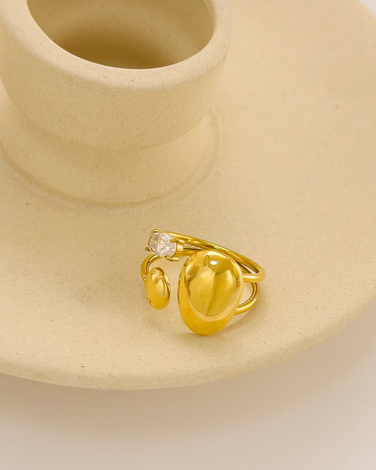 Bague Dorée Double Fils Avec Boutons Brillants Et Strass Ovale