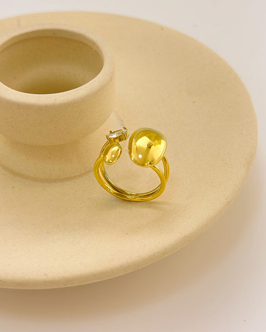 Bague Dorée Double Fils Avec Boutons Brillants Et Strass Ovale