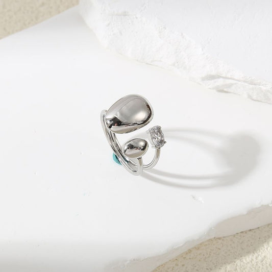 Bague Argentée Plaques Ovales Irrégulières Et Strass Sur Pointes