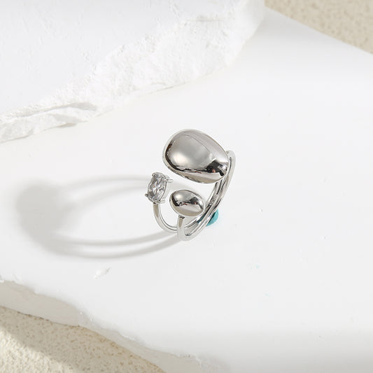 Bague Argentée Plaques Ovales Irrégulières Et Strass Sur Pointes