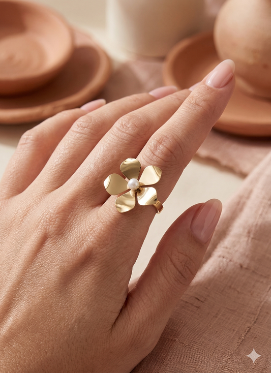 Bague Dorée Fleur Avec Perle Synthétique