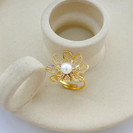 Bague Dorée Ajustable Fleur Avec Perle
