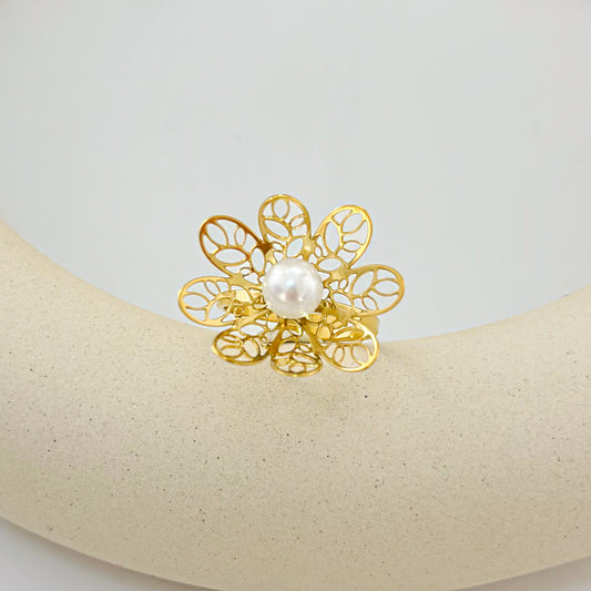 Bague Dorée Ajustable Fleur Avec Perle