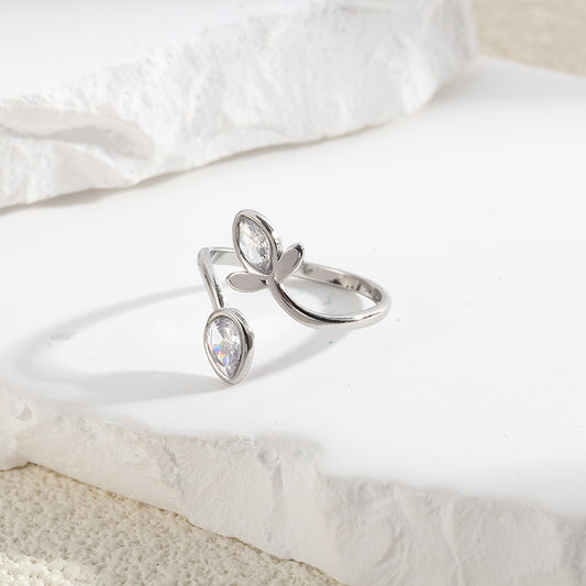 Bague Argentée Spirale Fleur Et Feuille Avec Strass