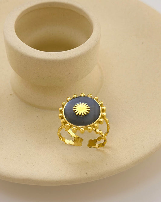 Bague Dorée Ouverte Cadre Soleil Incrustée de Pierre