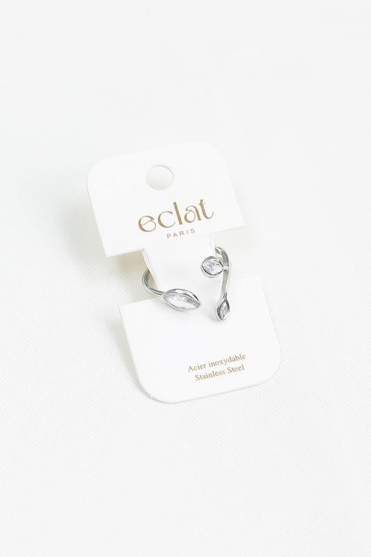 Bague argentée ajustable avec feuillages de cristaux