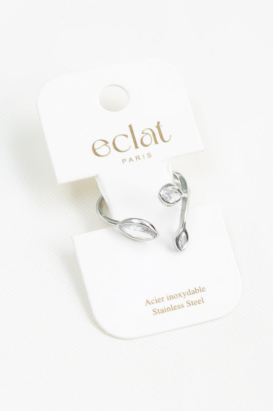 Bague argentée ajustable avec feuillages de cristaux