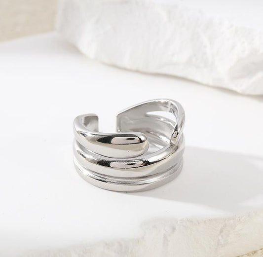 Bague Argentée Large Triple Couches de Bandes Brillantes Avec Ecarts