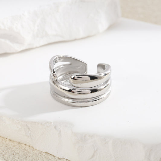 Bague Argentée Large Triple Couches de Bandes Brillantes Avec Ecarts