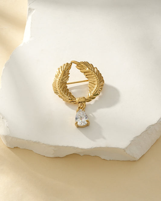 Broche Dorée Couronne de Laurier Avec Strass Goutte