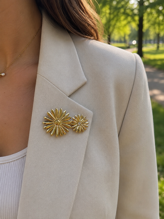 Broche Dorée Double Tournesols Brillants