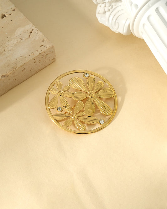 Broche Dorée Triple Fleurs Ornées de Strass Avec Cadre Rond