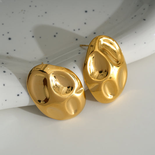 Boucles d'Oreilles Dorées Puces Ovales Epaisses Style Cailloux