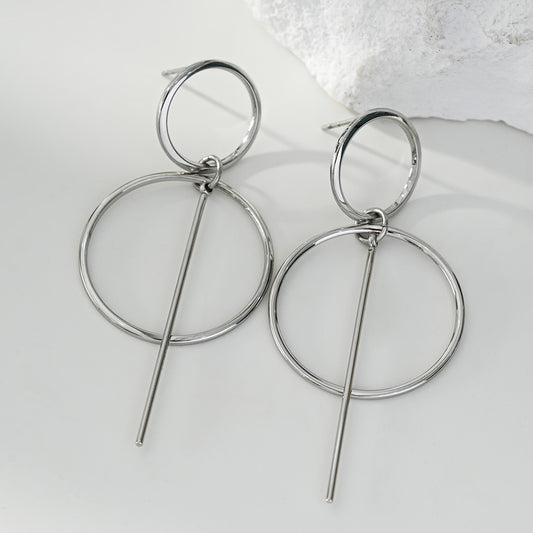 Boucles d'Oreilles Argentées Pendantes Double Anneaux Et Barre