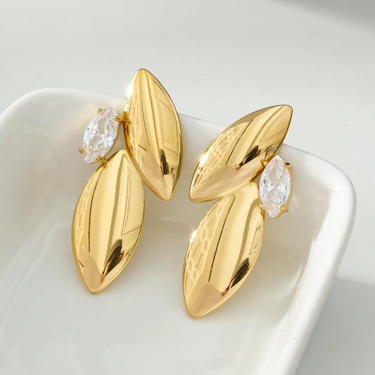 Boucles d'Oreilles Dorées Doubles Feuilles Brillantes Ornées de Strass Feuille