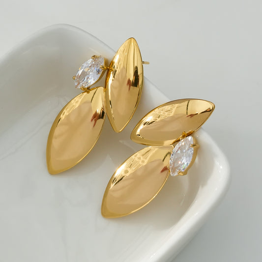 Boucles d'Oreilles Dorées Doubles Feuilles Brillantes Ornées de Strass Feuille