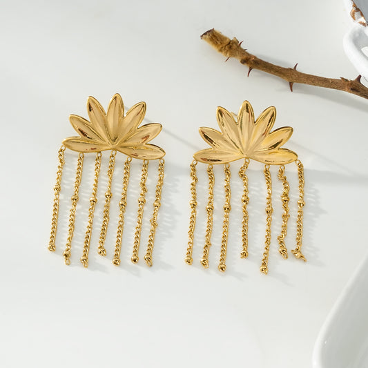 Boucles d'Oreilles Dorées Lotus Avec Pendantes Multi Chaînes