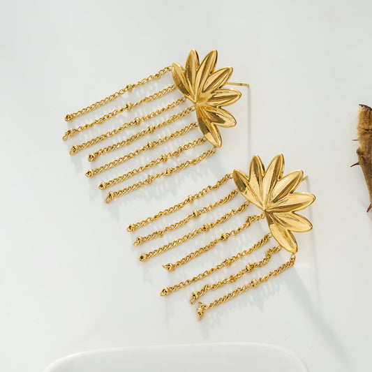Boucles d'Oreilles Dorées Lotus Avec Pendantes Multi Chaînes
