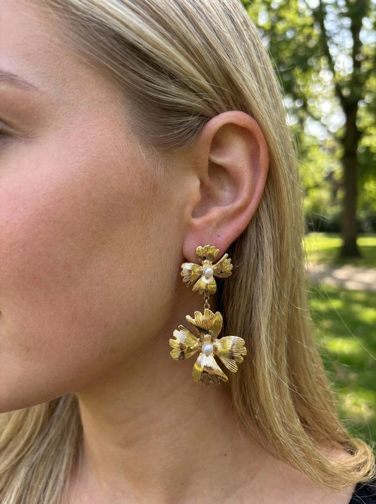 Boucles d'Oreilles Pendantes Avec Fleurs et Perles