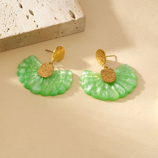 Boucles d'Oreilles Dorées Floral Acrylique Verte