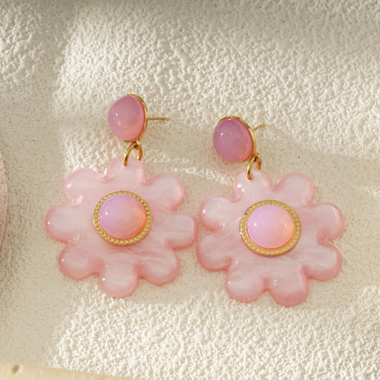 Boucles d'Oreilles Fleurs Résine Et Cabochon Doré Rose