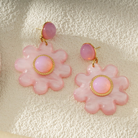Boucles d'Oreilles Fleurs Résine Et Cabochon Doré Rose