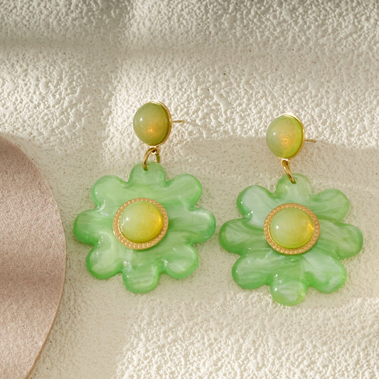 Boucles d'Oreilles Fleurs Résine Et Cabochon Doré Vert