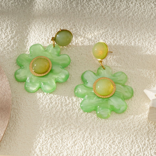 Boucles d'Oreilles Fleurs Résine Et Cabochon Doré Vert