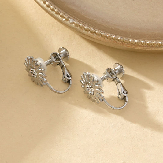 Boucles d'Oreilles à Clip Argentées Avec Motif Fleur Et Strass