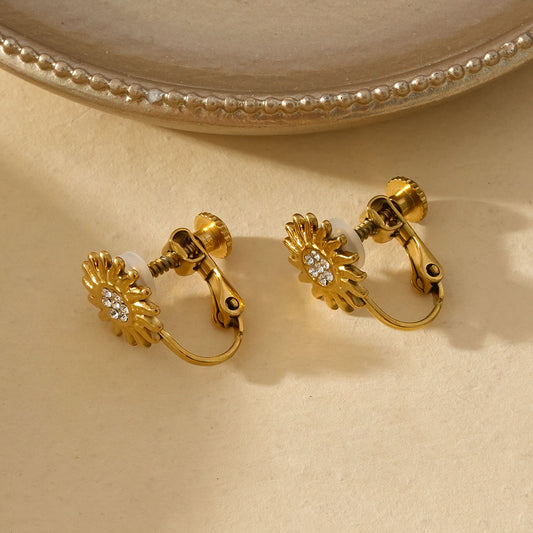 Boucles d'Oreilles à Clips Dorées Avec Motif Fleur Et Strass