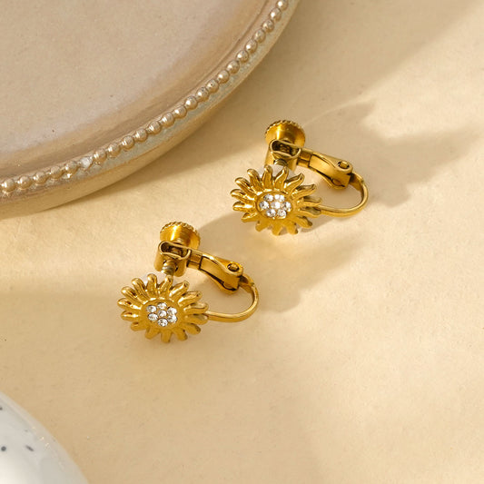 Boucles d'Oreilles à Clips Dorées Avec Motif Fleur Et Strass
