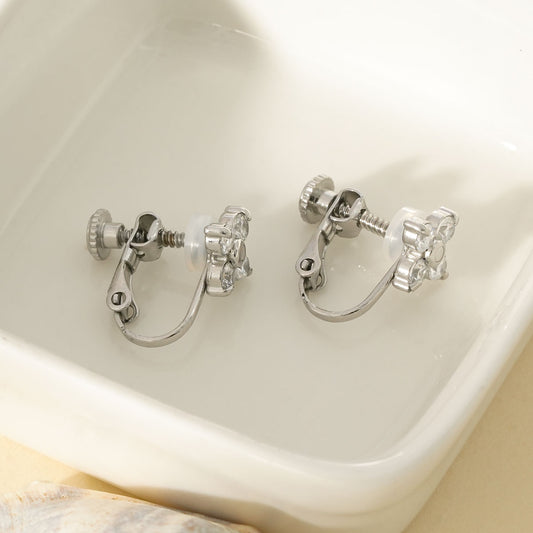 Boucles d'Oreilles à Clips Argentées Avec Motif Fleur Strass