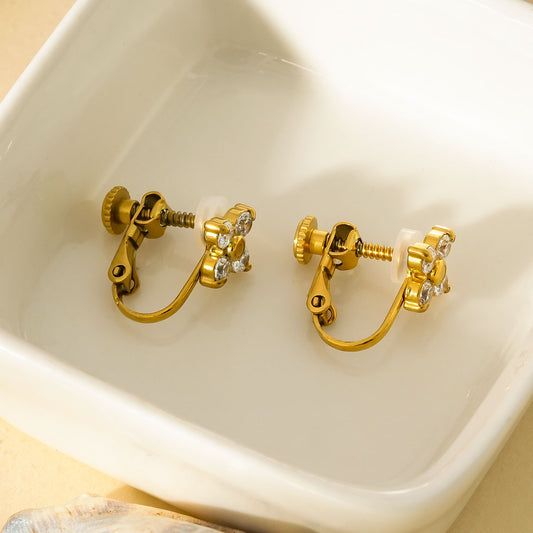 Boucles d'Oreilles à Clips Dorées Avec Motif Fleur Strass