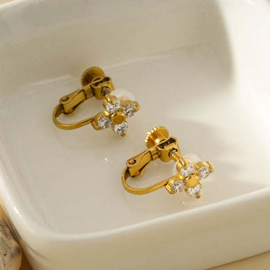 Boucles d'Oreilles à Clips Dorées Avec Motif Fleur Strass