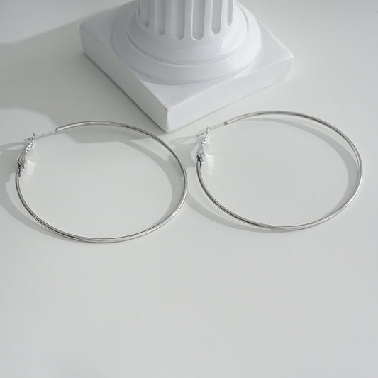 Boucles d'Oreilles Argentées Grandes Créoles Fines Simples