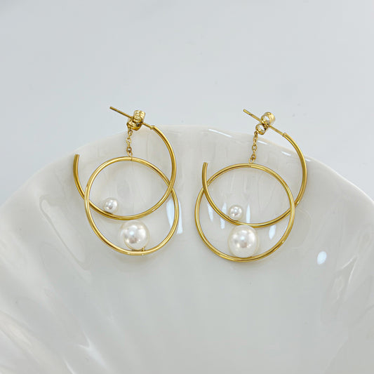 Boucles d'Oreilles Dorées Double Créoles Ouvertes Avec Perles