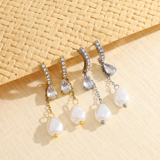 Boucles d'Oreilles Dorées Pendantes Strass Gouttes Et Perles