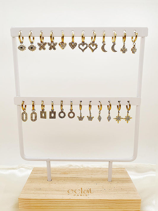 Lot de 12 Paires de Boucles d'Oreilles Mini Créoles avec Pendentifs Strass