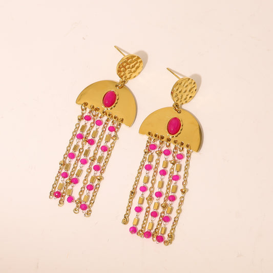 Boucles d'oreilles Dorées demi Cercle Avec Chaine Et Acrylique Fuchsia