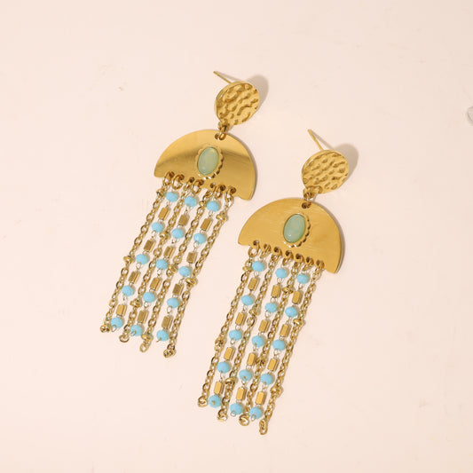 Boucles d'oreilles Dorées Demi Cercle Avec Chaîne Et Acrylique Bleue