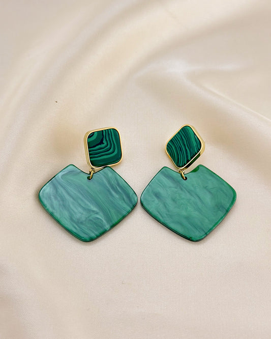 Boucles d'Oreilles Dorées Double Plaques Losanges Malachite