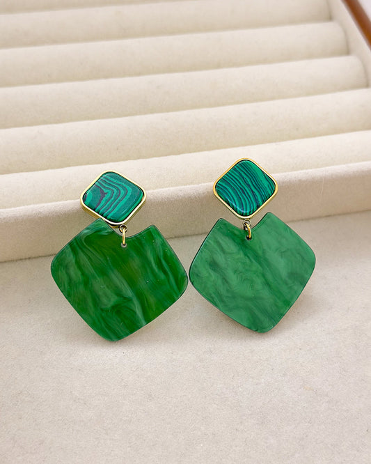 Boucles d'Oreilles Dorées Double Plaques Losanges Malachite