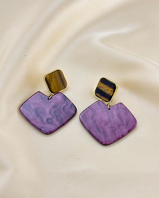 Boucles d'Oreilles Dorées Double Plaques Losanges Œil de Tigre Et Violet