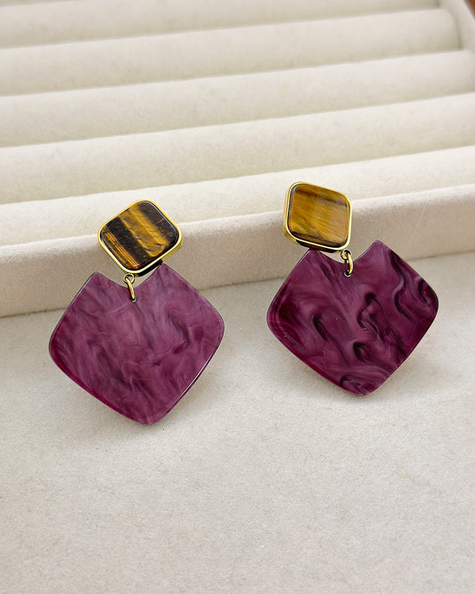 Boucles d'Oreilles Dorées Double Plaques Losanges Œil de Tigre Et Violet