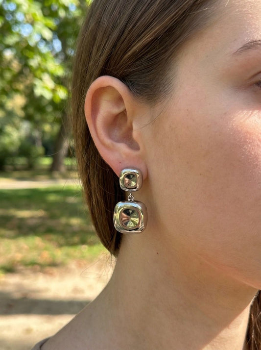 Boucles d'oreilles argentées double carrés pendants