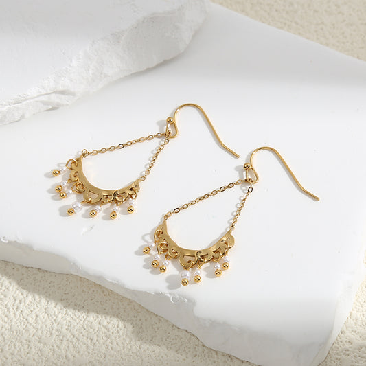 Boucles d'Oreilles Dorées Eventails En Chaînes Avec Perles